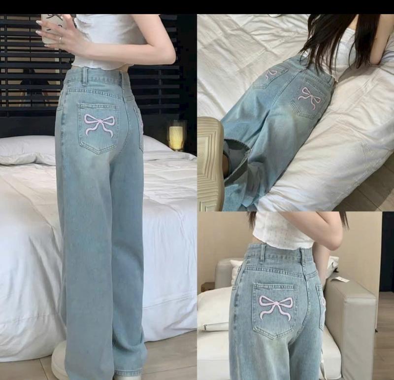 Quần baggy ống rộng jean nữ thêu nơ hồng - Quần ống suông lưng cao HOTTREND mẫu mới TH555