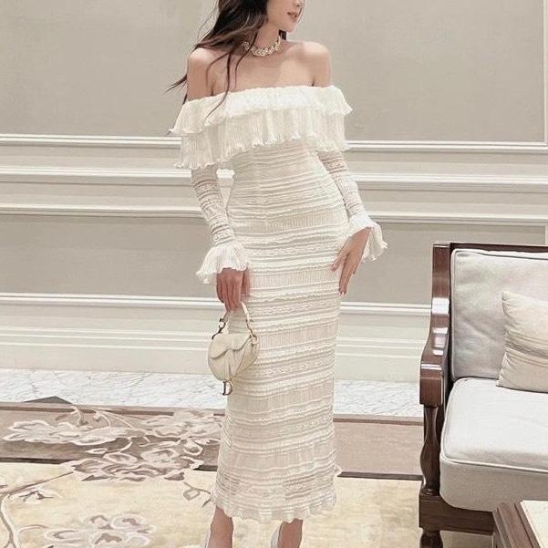 Đầm maxi ren bèo tầng bẹt vai, Đầm ren body bèo trễ vai hàng chuẫn! (Thảo Ngọc Store) Nữ Kem Đen Women Dress
