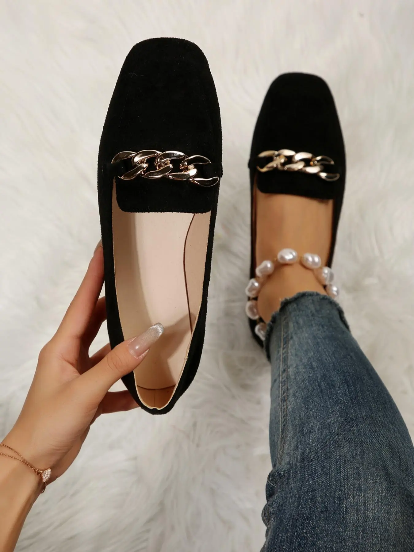 Women's Fashionable Chain Decorated Flat Shoes, Casual Comfortable Solid Color Flats for Daily Wear, Lightweight Comfortable Shoes for Women & Girls