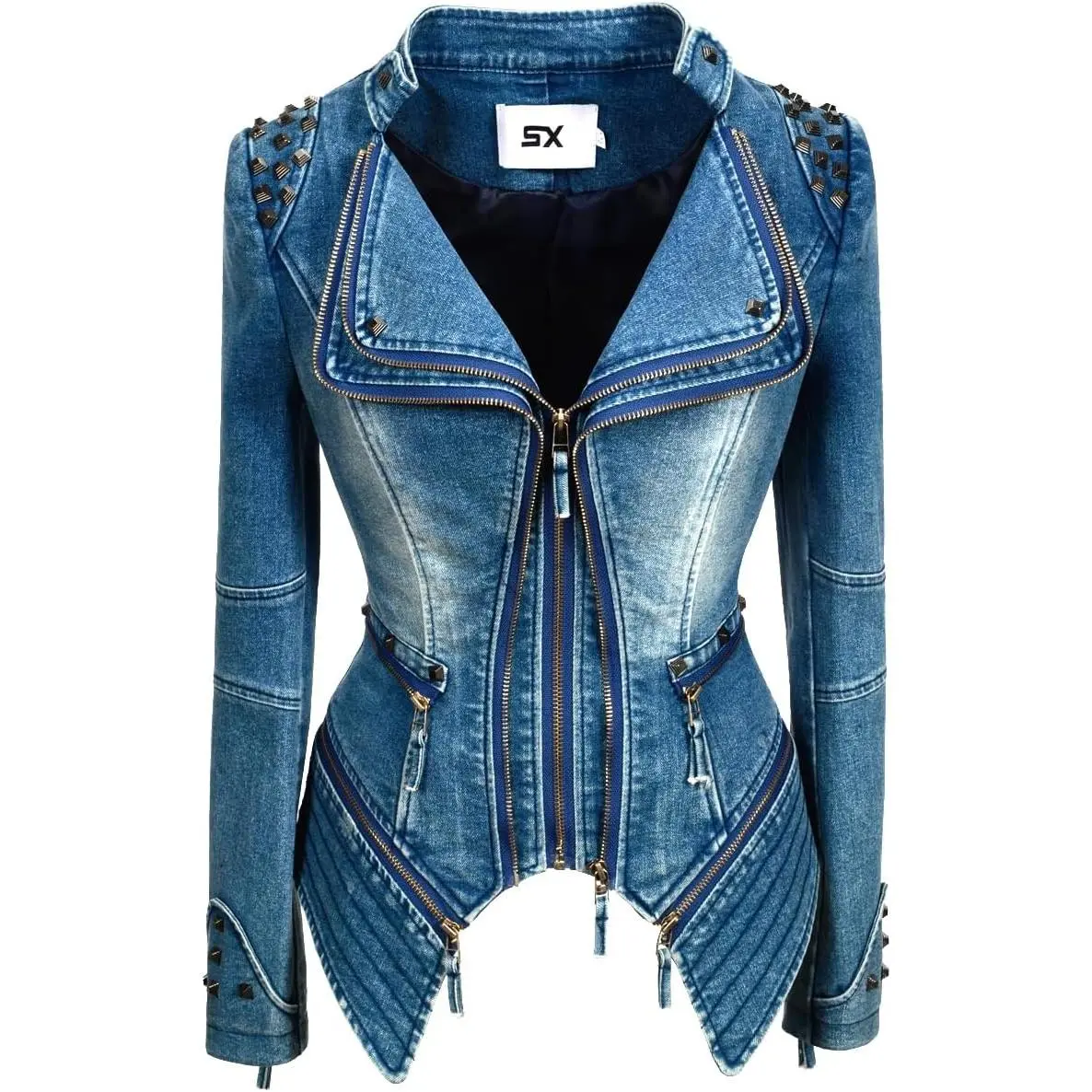 Fashion SX Womens Rivet Faux Leather Jacket Zipper Moto Biker Denim coat Motorcycle Outwear