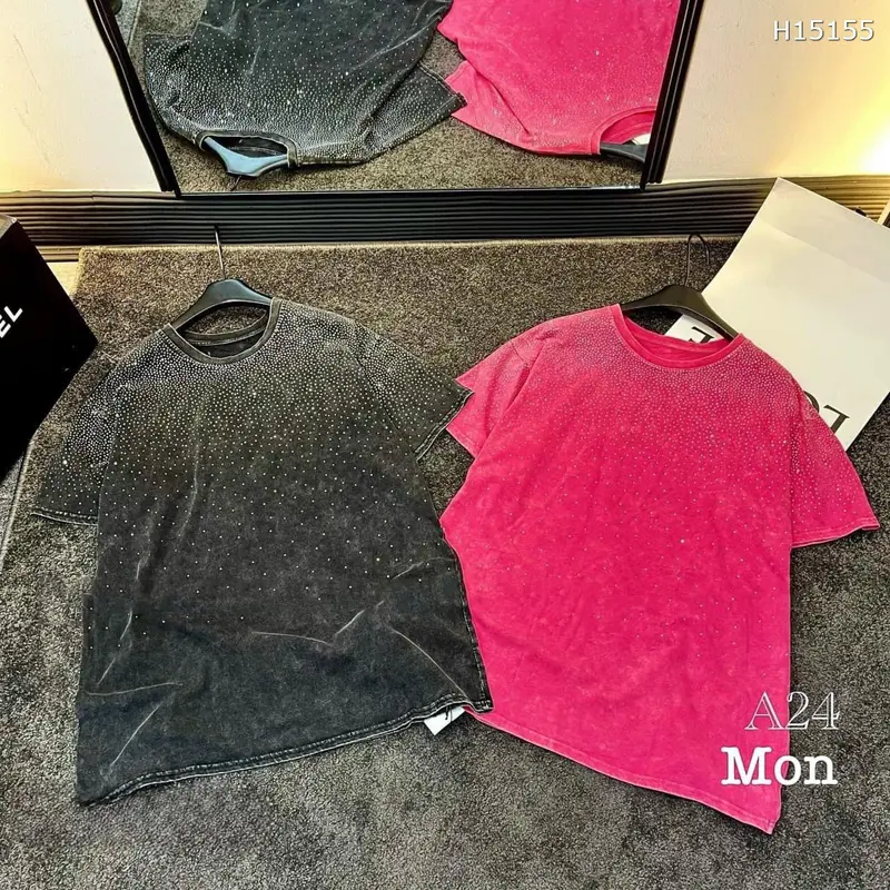 Áo Phông Loang Đính Đá Dáng Rộng, Áo Thun Form Thụng Dấu Quần Hàng QC Loại 1 Cao Cấp Nữ Women Top Nhung Top Nhung - Cotton Vải Loang Cao Cấp 6