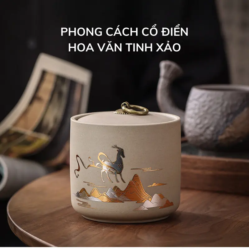 Hộp đựng trà gốm tử sa, hũ đựng trà họa tiết mạ ánh kim cỡ lớn, nắp khít cao cấp Đựng Gia Vị Bình 4