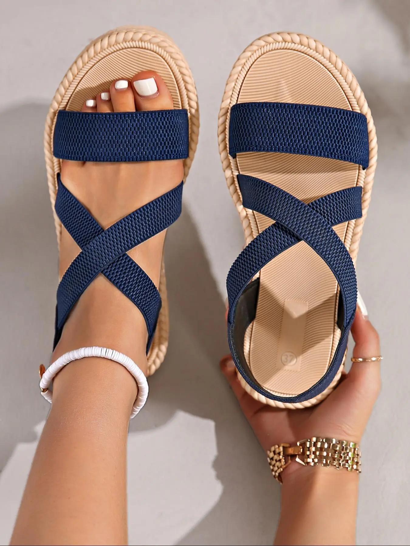 Women's Fashionable Plain Color Raffia Crossed Strap Sandals, Casual Comfortable Flat Sandals for Summer, Lightweight Breathable Shoes for Daily Wear, Girl