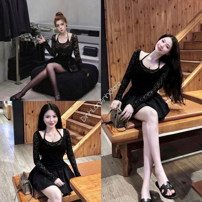 Sét áo ren tay dài cổ yếm phối chân váy xoè sang chảnh Dress Nữ - DinhLanAnhStore Women