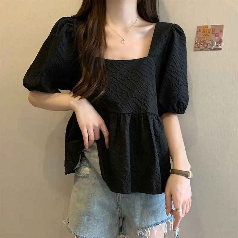 Large Size Women's French Style Puff Sleeve Niche Square Collar Shirt Women's Summer Belly Covering Ruffled Short Sleeves Top Womenswear Blouse