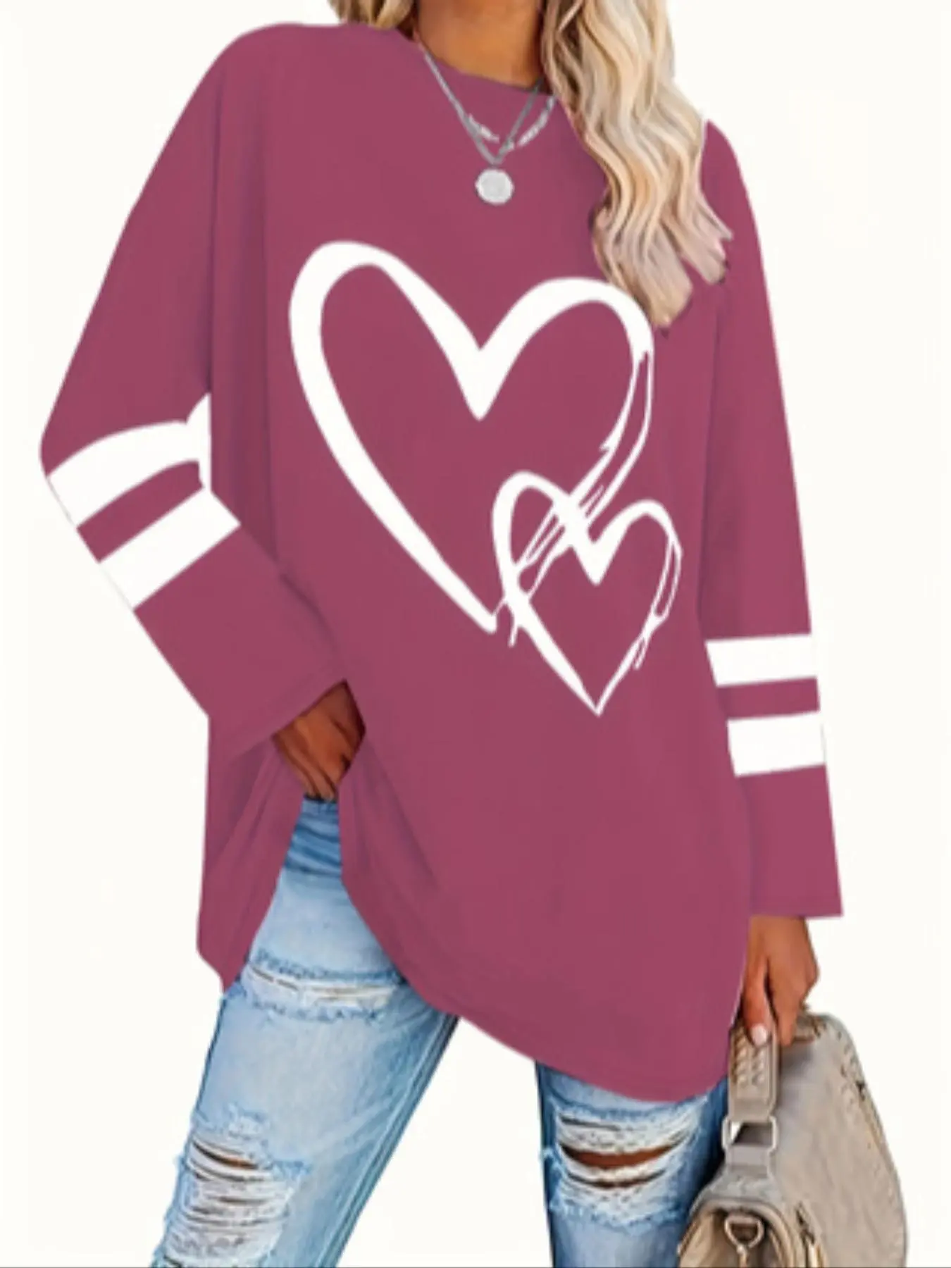 【Plus Size】 Heart & Striped Print Long Sleeve Tee, Casual Round Neck T-shirt for Spring & Fall, Women's Clothing for Daily Valentine's Day Wear, Autumn Winter Outfit, Tops for Women
