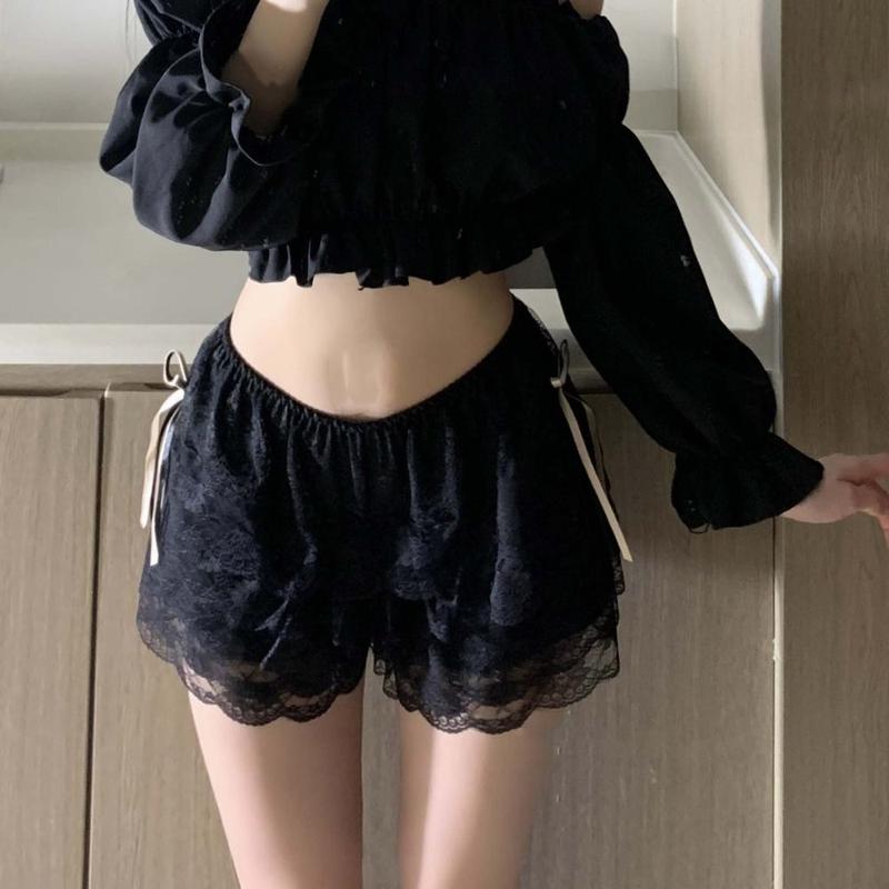 Fashion JK Lolita Lace Safety Pants Ruffled Bowknot Summer Loose Short Pants Multi-layer Anti-glare Safety Shorts Women Clue 1