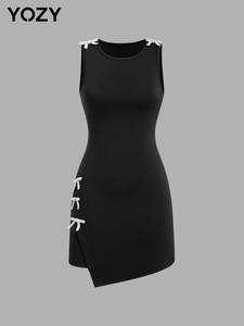 YOZY Women's Rhinestone Bow Decor Asymmetrical Hem Tank Dress, Elegant Fashion Sleeveless Round Neck Short Dress for Daily Outdoor Wear, Women Dress for Summer