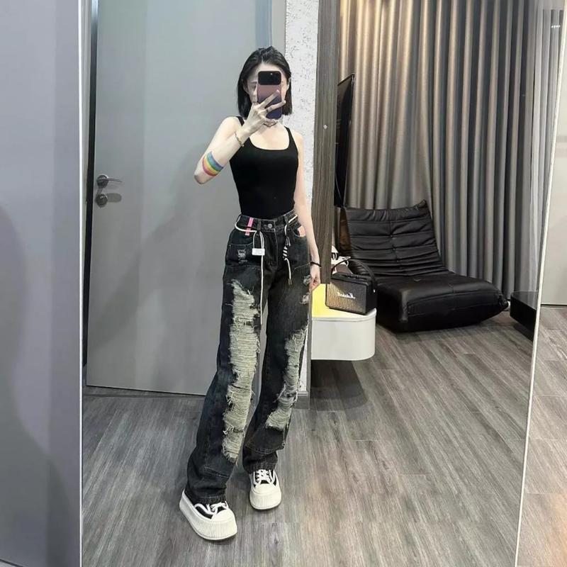 Quần jean rách MELINA (tặng kèm dây) quần jean nữ ống rộng cạp cao màu đậm ánh rêu size S M L gơn phố 83980 quần  jean 2