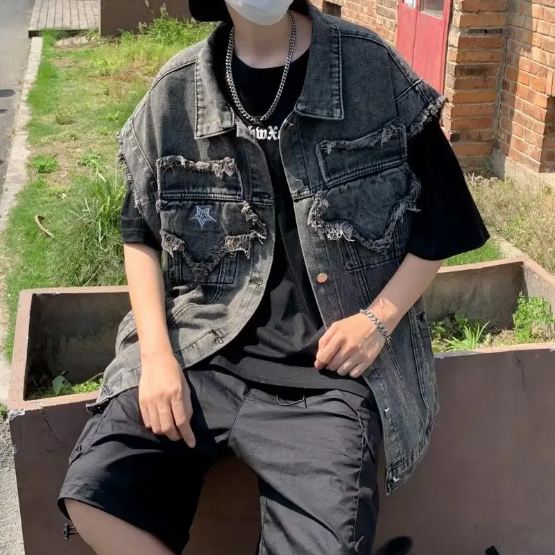 Áo Ghi Lê Denim, Màu Xám, Thương Hiệu Thời Trang Cổ Điển Phong Cách Nhật Bản, Dành Cho Nam Và Nữ, Có Miếng Dán XINGX, Áo Ghi Lê Không Tay Áo Khoác Rụng