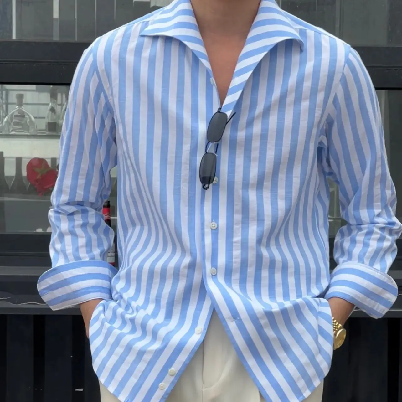 Sơ mi cổ én dọc xanh to chất liệu linen Nam