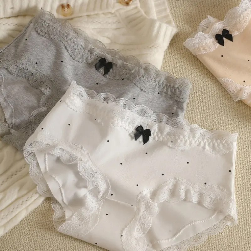 743 Polka Dot Lace Underwear Women's Cotton Lining French Retro Mid Rise Design Cute Triangle Panties