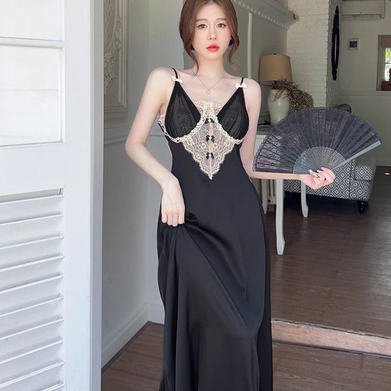Đồ Ngủ Nữ, Có Đệm Ngực, Phong Cách Cung Điện Mỏng, Được Làm Bằng Chất Liệu Lụa Lạnh Thích Hợp Cho Mùa Hè, Dễ Thương Và Gợi Cảm, Giá Cả Phải Chăng, Sang Trọng, Ren Cao Cấp, Váy Ngủ Dài 2