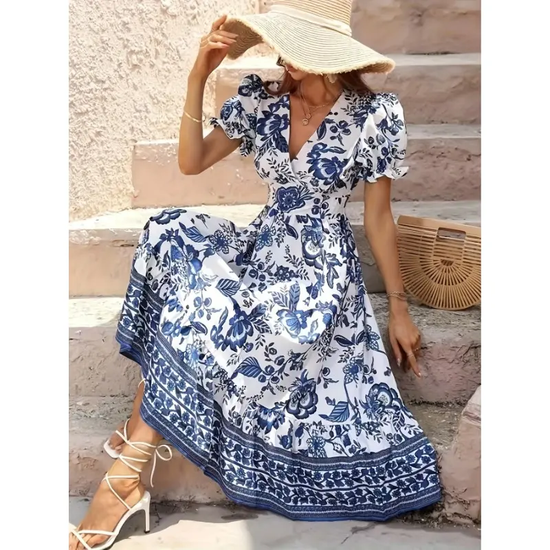 Midi Floral Print Fit and Flare Dress - Elegant Crisscross Neck, Short Sleeve, Polyester Fabric, Hand Washable - Perfect for Spring and Summer Womens Clothing
