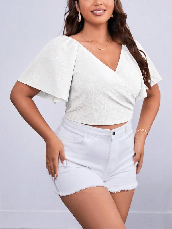 【Plus Size】 Solid Color V Neck Blouse, Casual Short Sleeve Top for Summer, Women's Clothes for Daily Wear 7