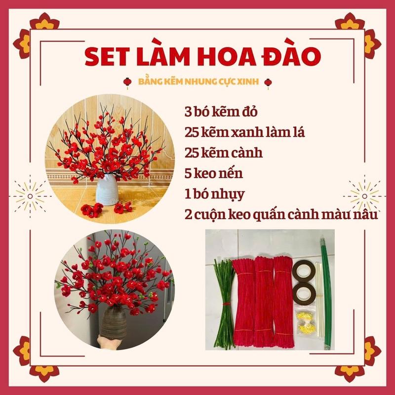 Bộ Set Làm Hoa Đào Tết Bằng Kẽm Nhung - 300 Cọng Kẽm Đỏ, 25 sợi Kẽm xanh làm lá, 25 Kẽm Cành, 5 Keo Nến, 1 Bó Nhụy Trắng/Vàng, 2 Cuộn Keo Quấn Cành Màu Nâu - Diy, Decor
