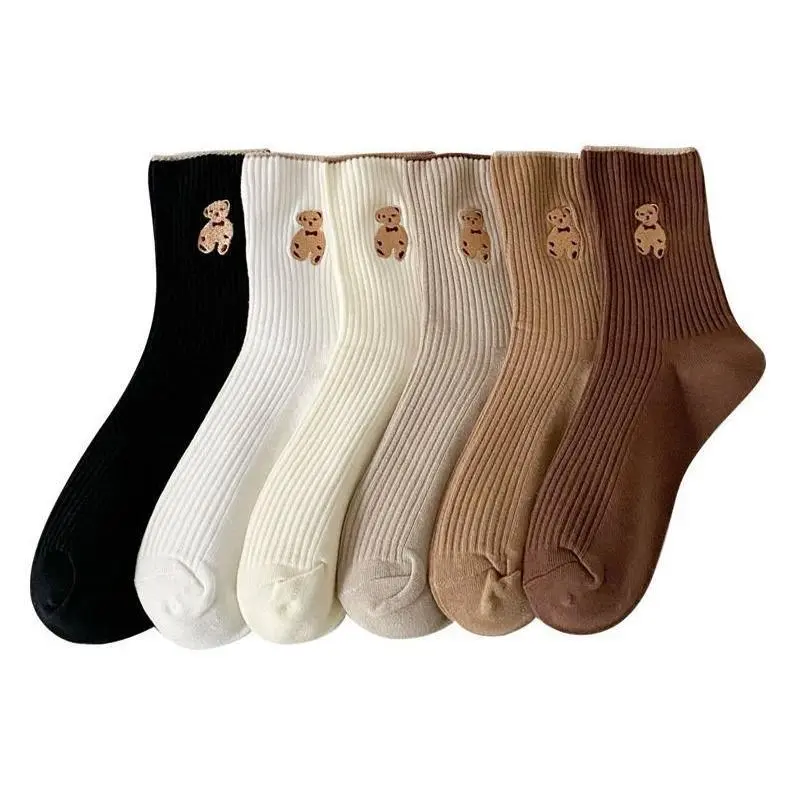 SET 5 Đôi Tất Vớ Nữ Cổ Cao hoạ tiết hình gấu chất liệu vải len tăm co giãn thời trang Hàn Quốc