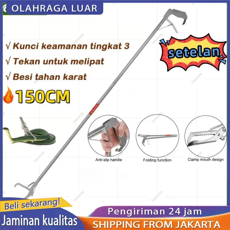 Snake Tongs Stainless Steel 150CM - Alat Penangkap Ular & Sampah, Dilipat Ringkas + Pegas Karet Anti Karat 0