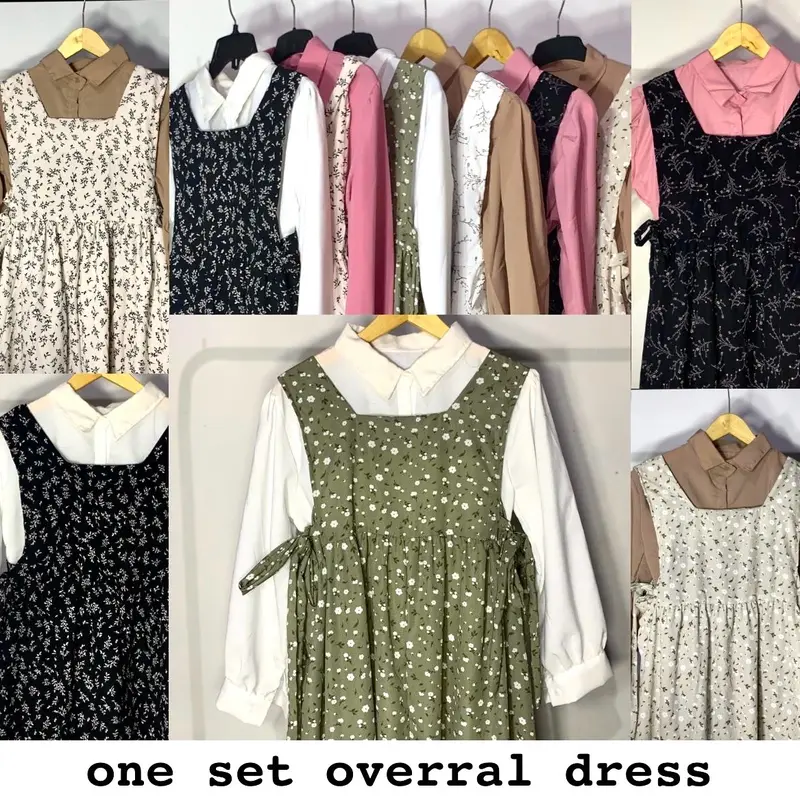 SETALAN OVERAL DRESS MOTIF FLORAL/SET 2IN1 OVERAL DRES/HIMARI MIDI DRES SATU SET/SETELAN DRES DAN KEMEJA LENGAN BALON Panjang Cantik Wanita Casual Nyaman 0