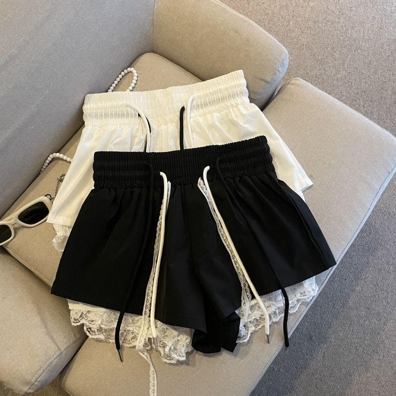 Quần Ống Rộng Dành Cho Nữ Màu Đen Eo Co Giãn Dây Rút Chắp Vá Ren Quần Đùi Chữ A Cạp Cao Quần Thường Ngày Nhỏ Thích Hợp Cho Mùa Hè