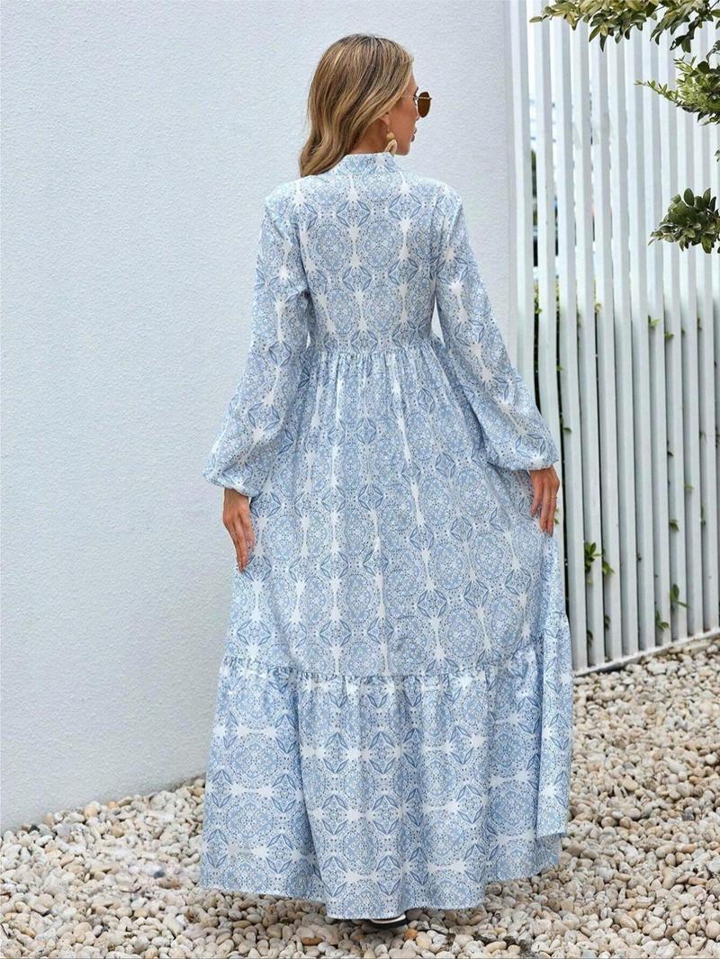 Product Introduction of Women's All Over Print Tie Neck Ruffle Hem A Line Dress, Fashion Casual Bishop Sleeve Long Dress, Ladies Dress for Holiday Vacation Daily Wear Frenchy Style, Dresses for Women 2