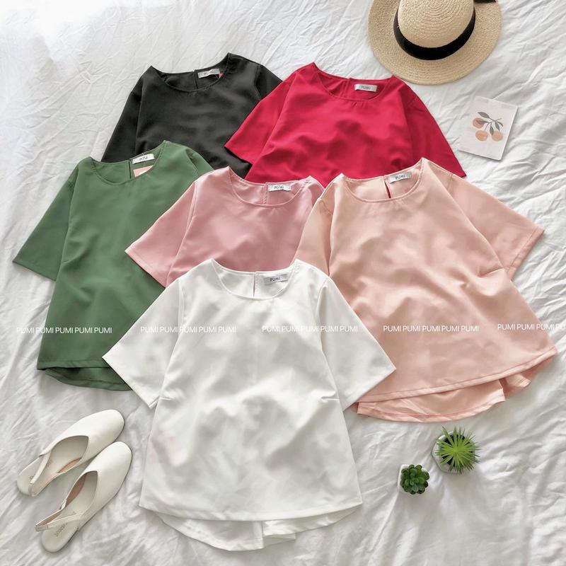 Áo kiểu baby doll peplum nữ cổ tròn tay ngắn nhiều màu freesize Pumi 15684 Women Top Kem 1