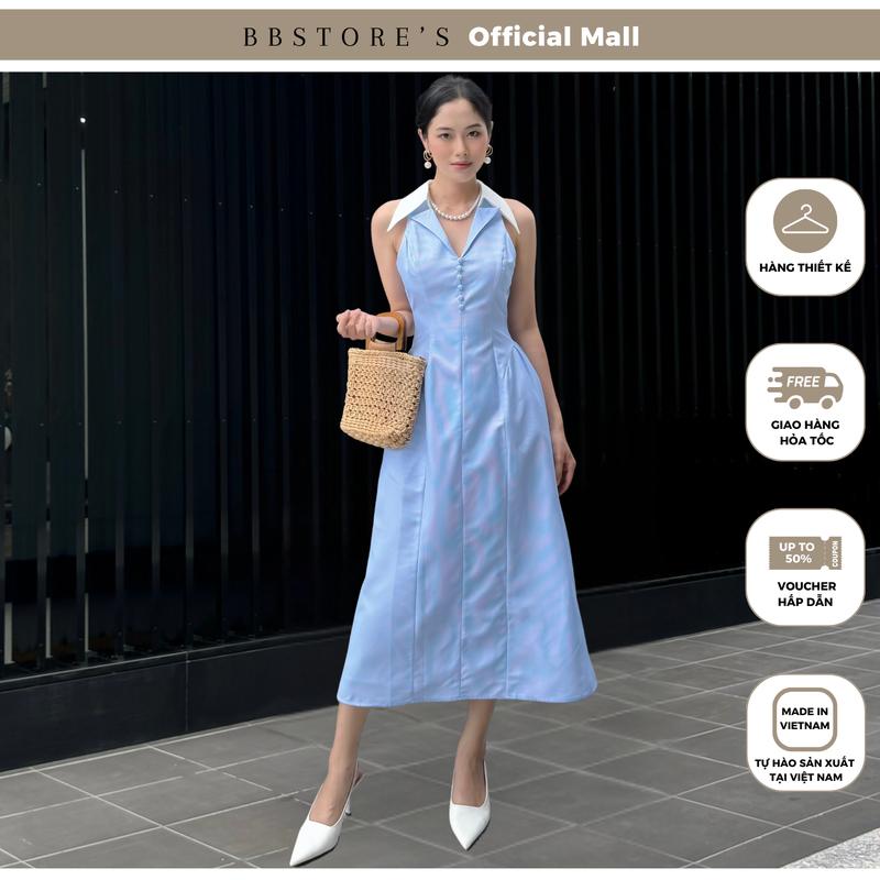 Đầm Dài Xòe Sát Nách Phối Lá Cổ Nhọn Chất Cotton Sọc Xanh BBSTORE'S - D3980T Nữ Women Dress