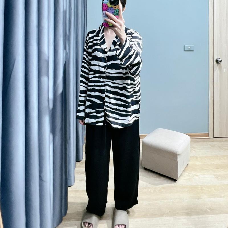 Bộ Pijama Bigsize áo kẻ sóng tay dài mặc nhà chất lụa Mango ko nhăn dành cho nữ có size từ 40kg đến 90kg