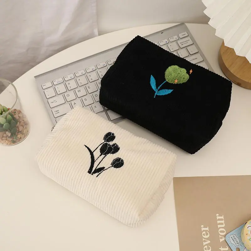 Túi Đựng Mỹ Phẩm Cầm Tay Phong Cách INS, Dành Cho Nữ, Chất Liệu Vải Nhung Sọc Nhung, Túi Sắp Xếp Làm Đẹp Du Lịch, Thêu Hoa, Túi Trang Điểm
