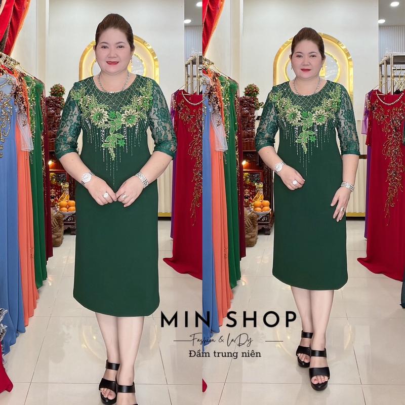 Đầm body trung niên cao cấp hoa ren kết đá cổ 3D Min Shop - Voan, Nữ Women Sen Dress Voi Kem Hoa Sen Đen Đỏ 9