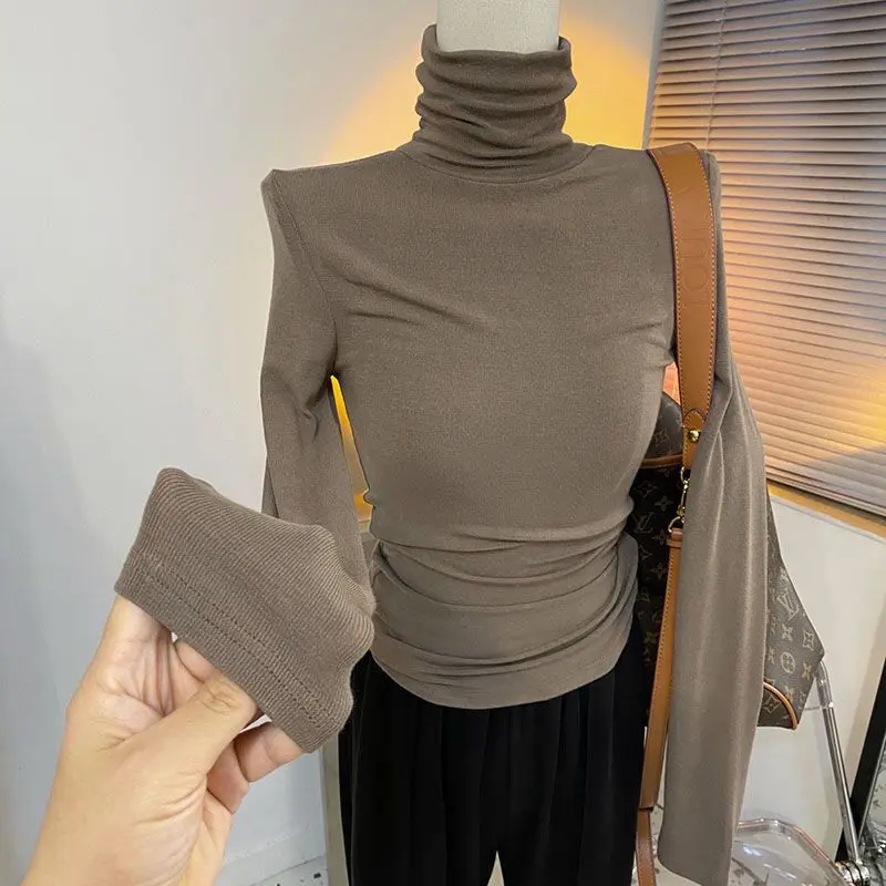 Áo Thun Cổ Lọ Màu Trơn Phong Cách Hàn Quốc, Dáng Ôm, Tay Áo Dài, Co Giãn, Áo Dưới Slim-fitting Plain Black White Top Nữ Women Kaki