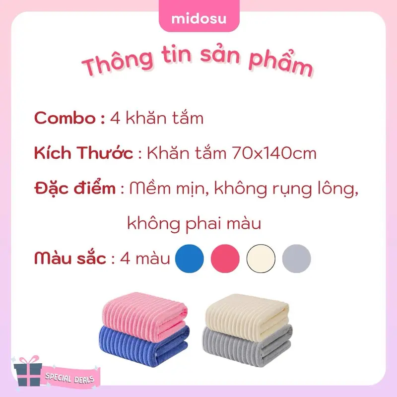 combo 4 Khăn Tắm Sợi Cotton Cao Cấp Mềm Mịn Thấm Hút Không Ra Màu 1