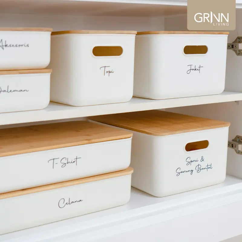 (COD) GRINN LIVING Fuji Flat Storage Box Organizer / Tempat / Kotak Penyimpanan / Serbaguna Medium untuk Masker / Obat Tutup Bambu / Kayu Aesthetic / alat kamar jadi estetik 4