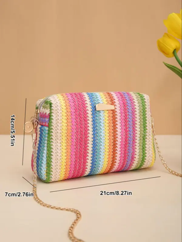 Summer 2025 Colorblock Straw Woven Crossbody Bag, Crochet Bags,  Casual Trendy Shoulder Bag, Chain Bag for Women, Everyday Bags, Fashion All-match Square Bag for Beach Vacation, Purses Crossbody Bags, Unique Bags 1