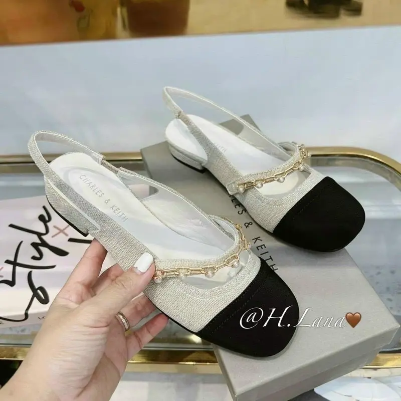 giày bệt nữ dây xích ngọc bít mũi hở gót 2cm hàng vnxk 2