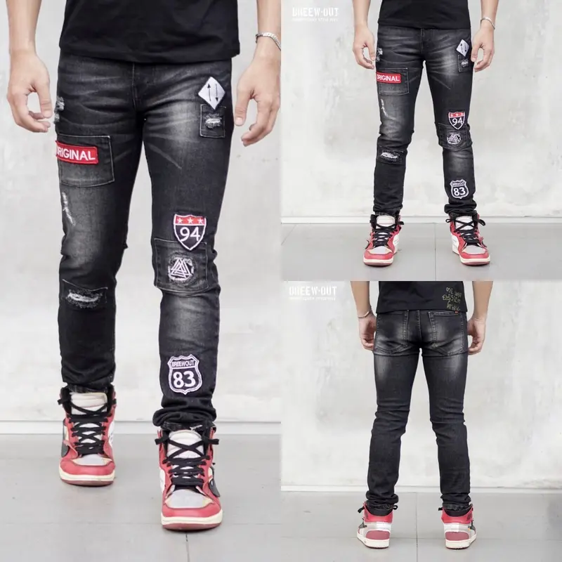 Celana jeans streatch emblem bordir panjang pria 1