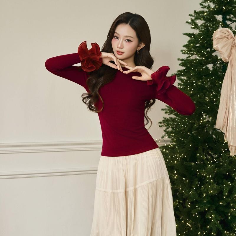  Áo Tay Dài Hoa Tay KAYLIN Rosette Top Phối Hoa Tay Form Ôm Chất Vải Thun Mây Co Giãn Phong Cách  - A109T11 Women Top Cotton Basic Nữ 