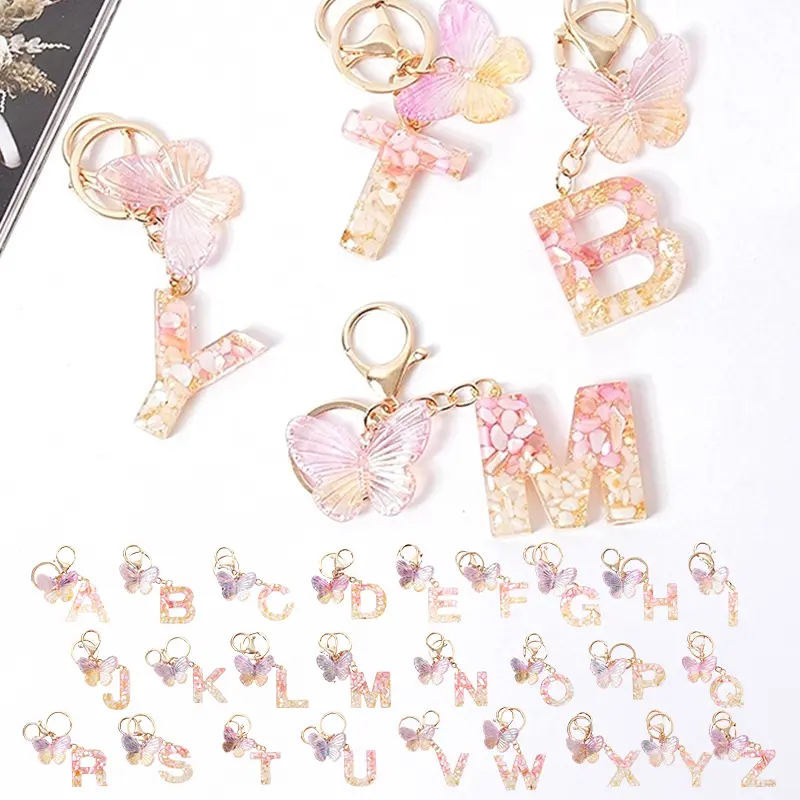 [QQQ]Pink Dream Butterfly 26 Letters A To Z Resin Keychain 26 Initials White Stone  Leaf Pendant Keyring Backpack Charm Bag Decor