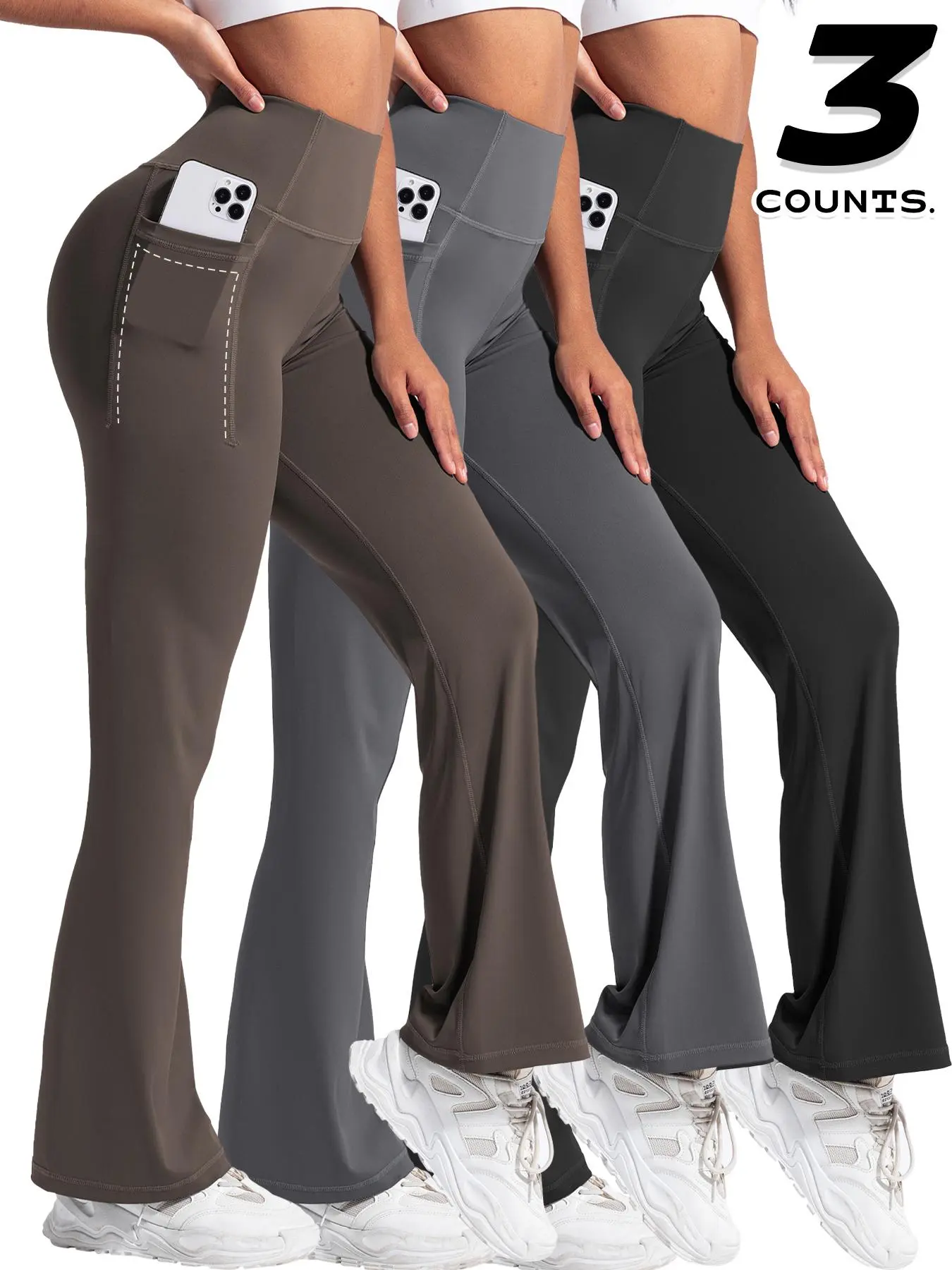 Women's Solid Color Flare Leg Pants, Casual Comfy Pocket Design Bell Bottom Trousers for Yoga Gym Workout, Ladies Bottoms for All Seasons