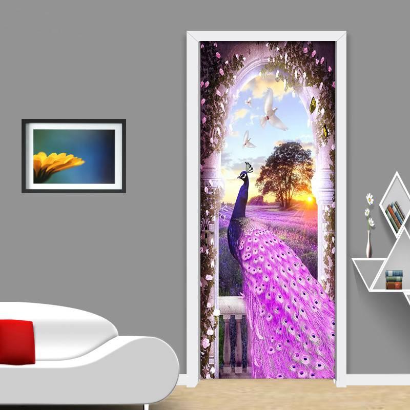 Custom Purple Peacock Dream Lavender 3D Self-adhesive Pvc Poster Living Room Bedroom Home Decor Waterproof Stickers Door Sticker 1