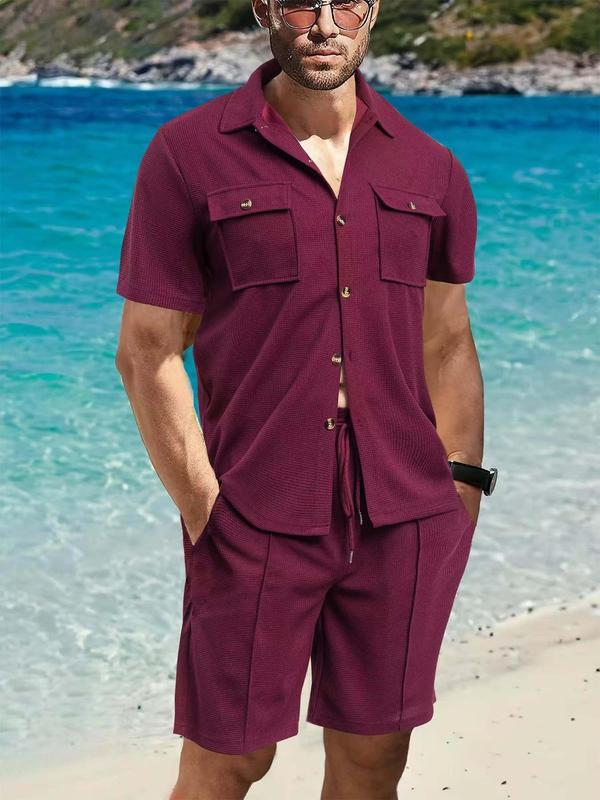 Two-Piece Set Men's Solid Color Waffle Knit Utility Shirt & Shorts, Casual Short Sleeve Collared Top & Shorts for Summer, Men's Clothes for Beach Vacation 1