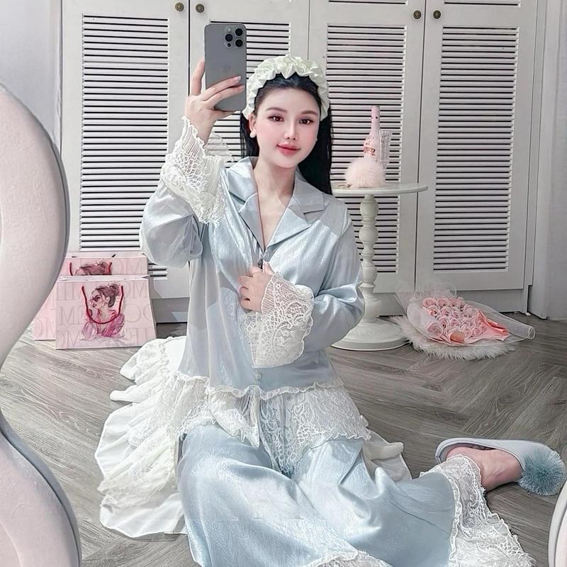 Sét bộ ngủ pijama phối ren chất lụa latin mềm mịn siêu sang freesize 40-60kg - Nữ - Women Quần Ngủ áo choàng loang Nhung Kem Voi Tim - Nho