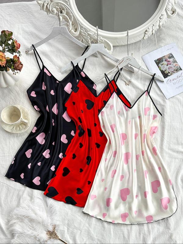 Women's Heart Print Contrast Binding Cami Nightdress, Casual Silky Soft Comfortable Adjustable Spaghetti Strap Nightgown, Dresses for Women, Ladies Sleepwear for All Seasons 4