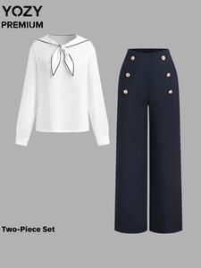 YOZY Women's Contrast Trim Sailor Collar Blouse & Plain Pants Two-piece Set, Casual Long Sleeve Top & Button Pants for Spring & Fall, Ladies Clothes for Daily Wear