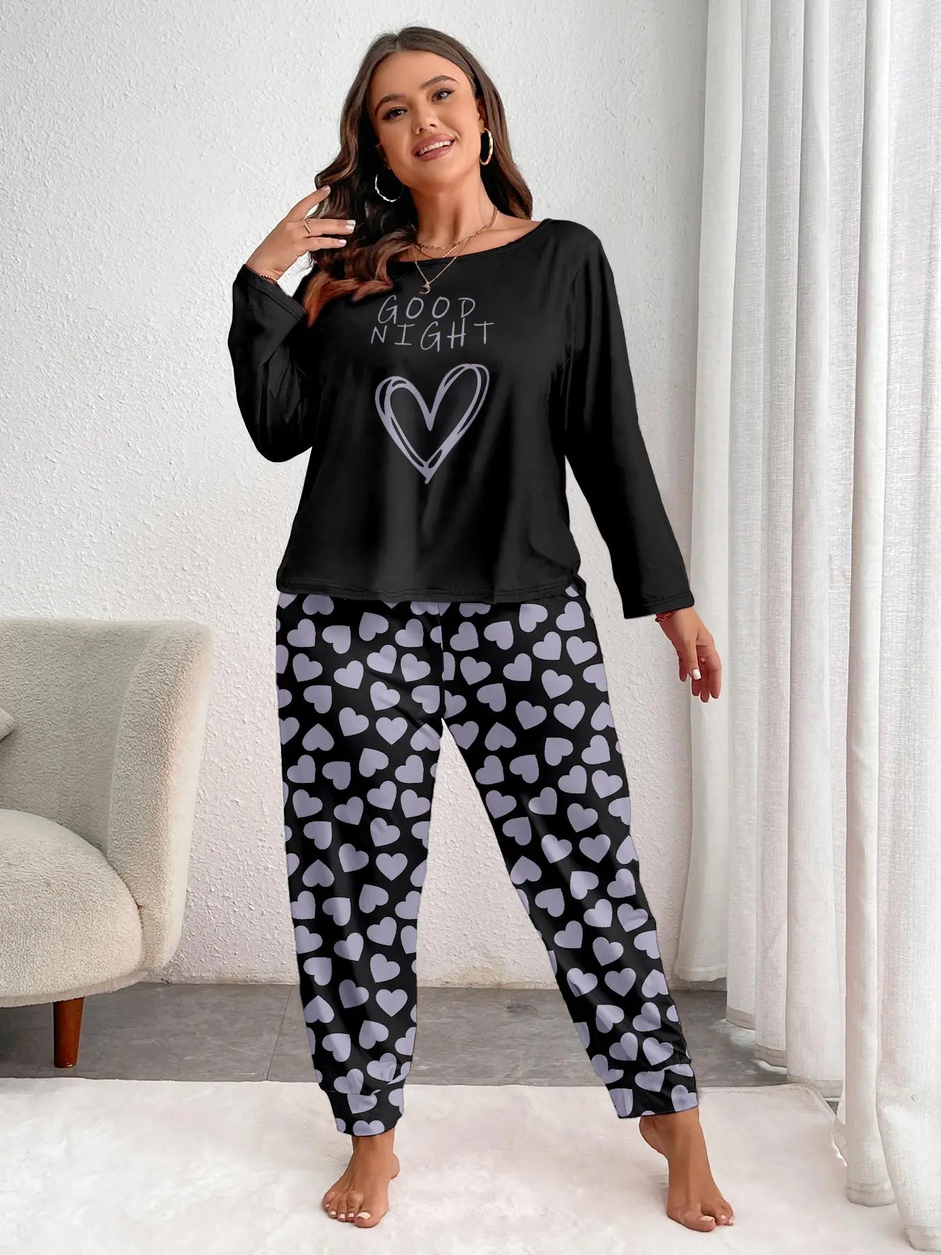 【Plus Size】 Heart & Letter Print Tee & Elastic Waist Pants Loungewear Two-Piece Set, Casual Comfy Long Sleeve T-shirt & Trousers PJ Set, Women's Sleepwear for Fall & Winter, Pajamas