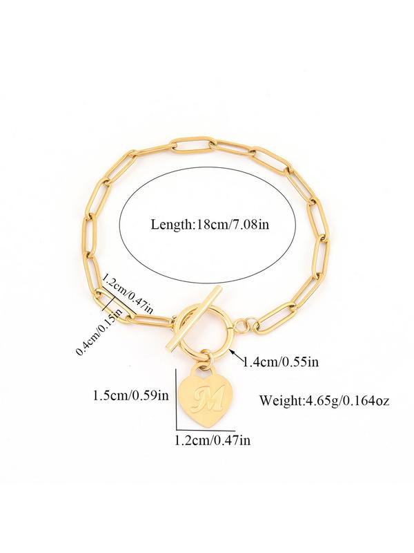 Heart Initial Charm Decor Bracelet, Fashion Stainless Steel Toggle Clasps Paper Clip Chain Bracelet for Women, Trendy All-match & Exquisite Jewelry for Birthday Gift 1