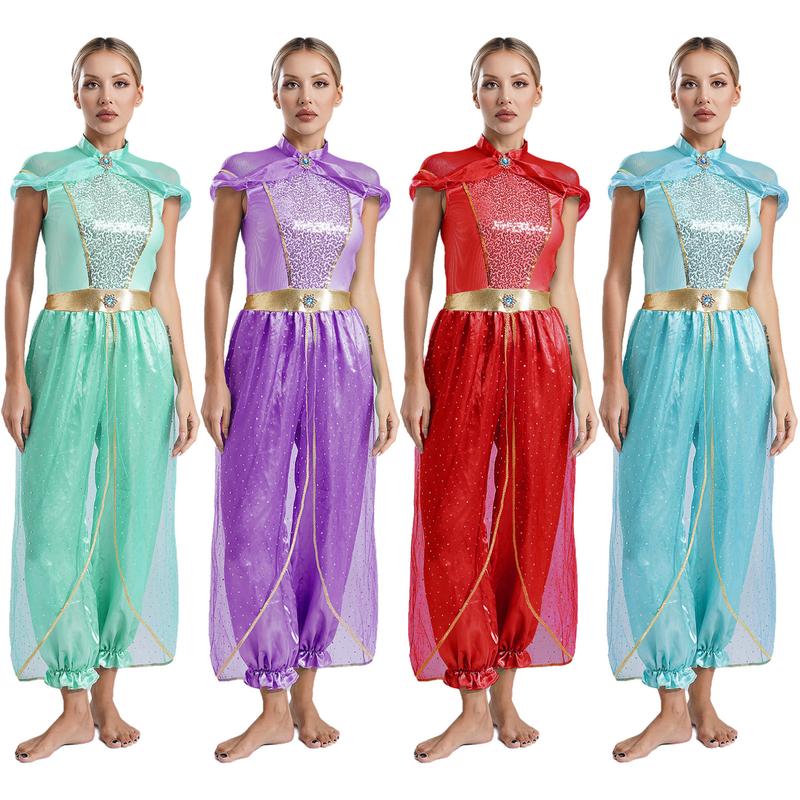 dPois Women Girls Arabian Princess Rompers Belly Dance Costume Cosplay Halloween Adult Fancy Dress Up 1