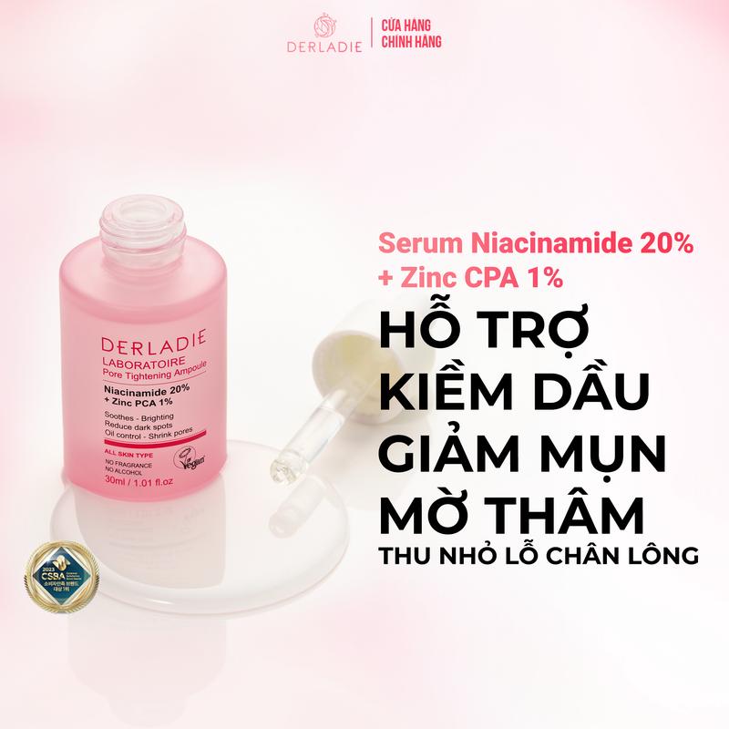 (KOL) Serum Niacinamide 20% + Zic PCA 1% Hỗ Trợ Giảm Mụn, Mờ Thâm, Thu Nhỏ LCL Derladie Laboratoire Pore Tightening Ampoule 30ml