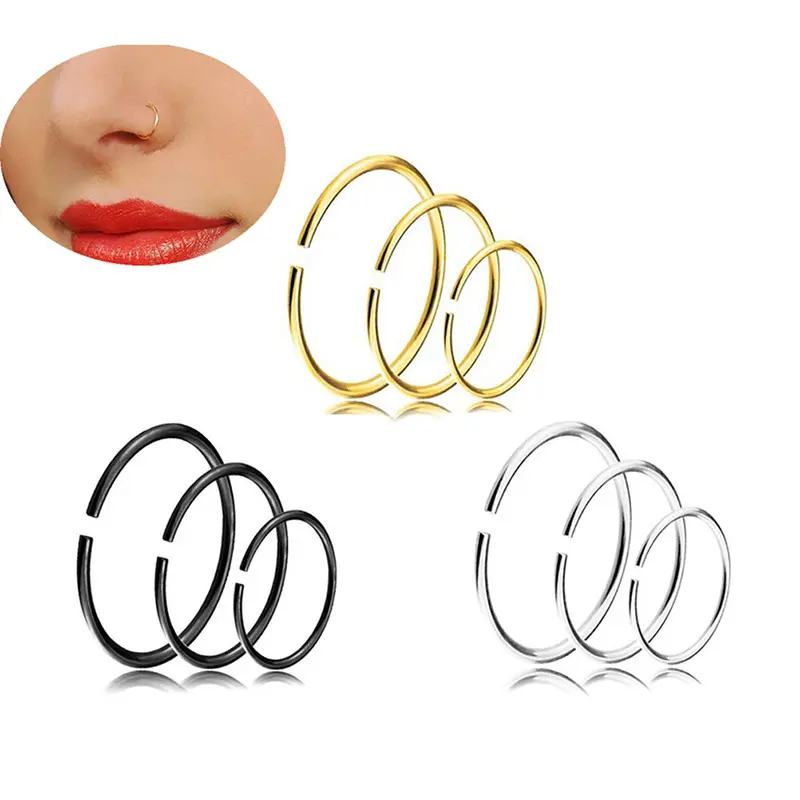 9Pcs Nose Ring Open Hoop Lip Body Piercing clip on Studs Stainless Steel Jewelry