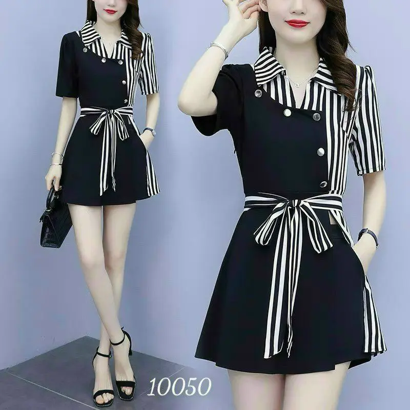 Sét Bộ Nữ Áo Cổ Sơ Mi Đính Nút Phối Viền Sọc Thời Trang Sành Điệu Nhung Top Women Đen